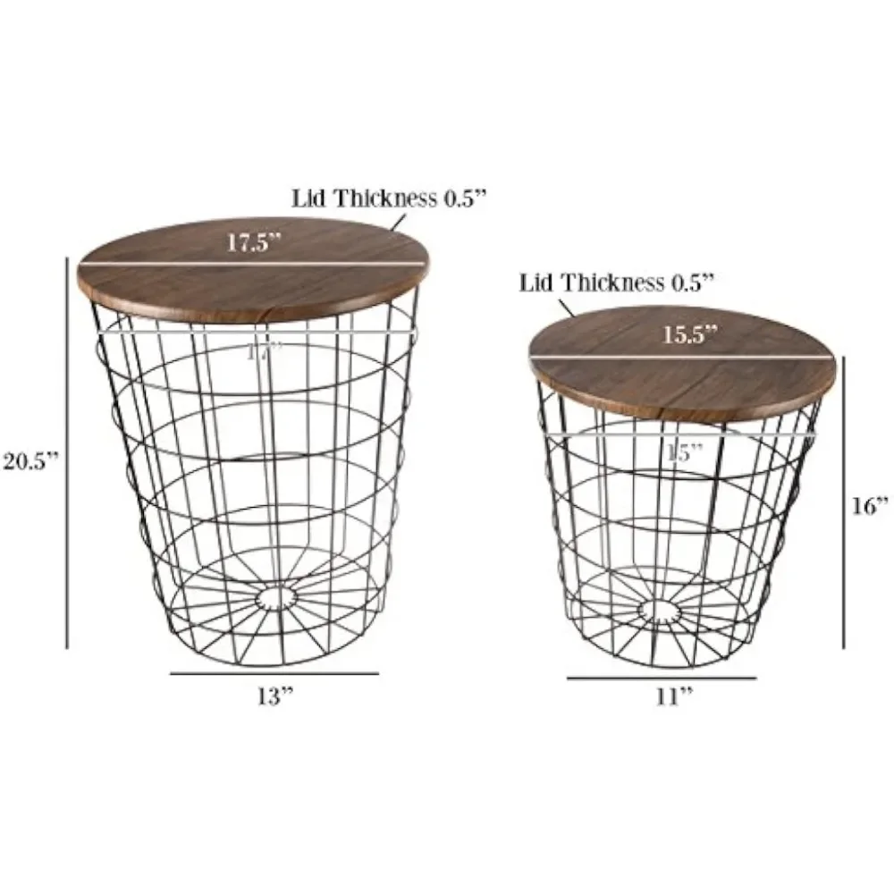 طاولات جانبية للتخزين متداخلة ، مظهر عتيق مع قشرة خشبية وإطار معدني ، طاولات نهاية مستديرة مع سلة تخزين ، مجموعة من 2