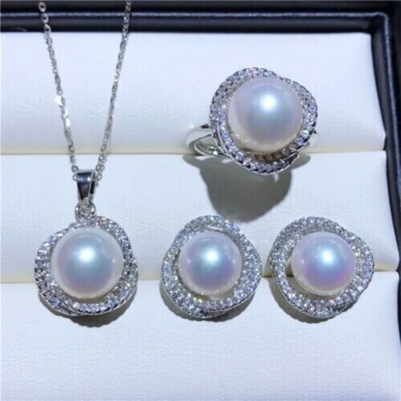 Gorgeous AAAA 9-10mm Natural Akoya White Women's Pearl Pendant and Earrings Set 925 Silver