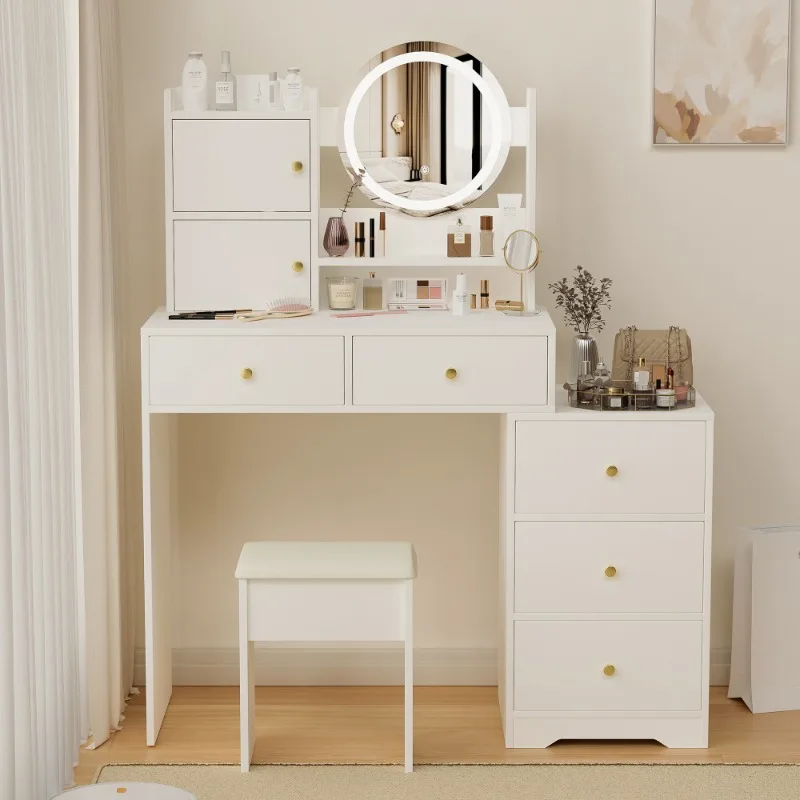 White dressing table set with a round mirror and drawers minimalist makeup desk with stool bedroom furniture beauty station