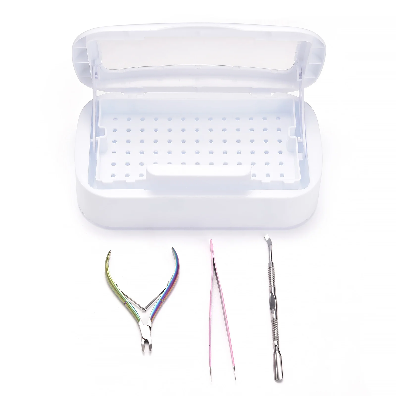 

Nail Tool Sterilizer Box With Removable Tray ABS White Polishing Head Disinfection Box Storage Case For Manicure Tool