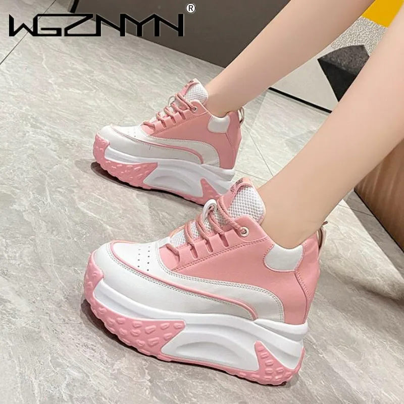 NEW Women Platform Breathable Leather Shoes Autumn Chunky Sneakers 10CM Wedge Hidden Heels Leisure Sports Casual Dad Shoes Woman