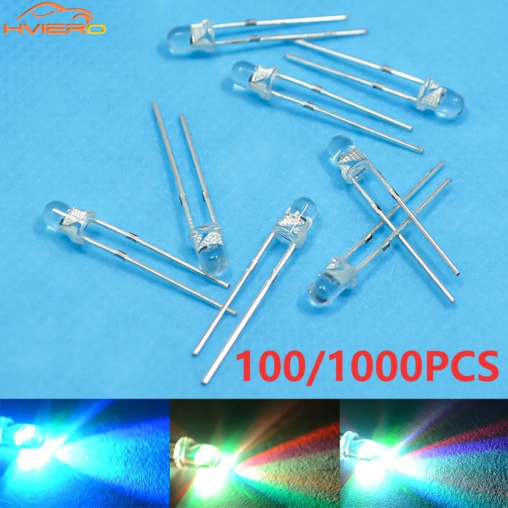 100/1000 peças Diodos Emissores de Luz LED RGB Redondos de 3mm, Flash Rápido/Lento, Cores Arco-Íris (Vermelho, Verde, Azul), Transparentes, 2.0~3.4V, Lâmpada LED Brilhante