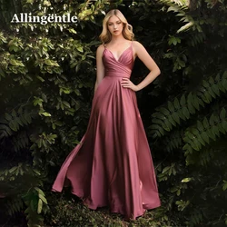 Allingentle Spaghetti Straps Pleated Satin A-Line Prom Dress Sexy V-Neck Formal Evening Gowns with Side Slit Bridesmaid Dress