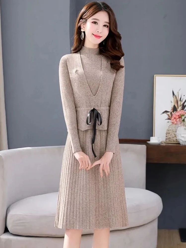 Elegant Office Ladies Knitwear Vest 2 Piece Sets Korean Slim Chic Sleeveless Tops Conjuntos Casual Soft Knit Dresses New 2023