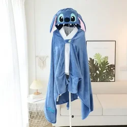 New Miniso Anime Stitch Alien Cartoon Blanket Wearable Cloak Cape Hooded Thicken Plush Flannel Sofa Blanket For Friends Gift