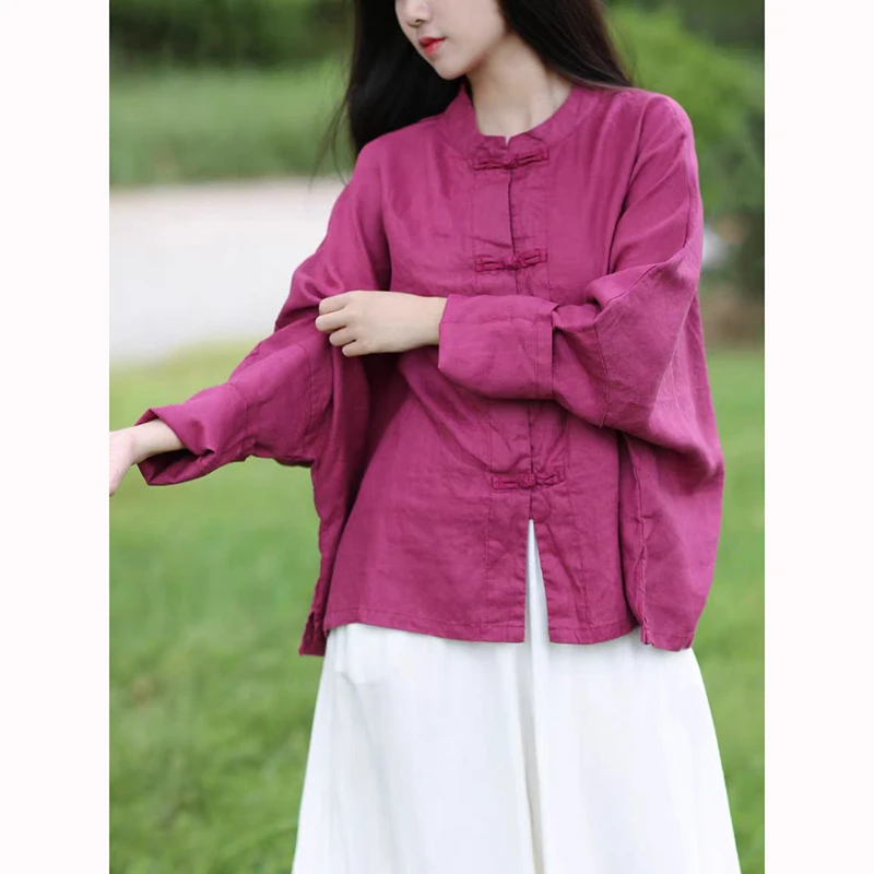 

2025 New Spring Arts Style Women Batwing Sleeve Single Breasted Casual Shirts High Quality Ramie Loose Vintage Blouse Tops JM14