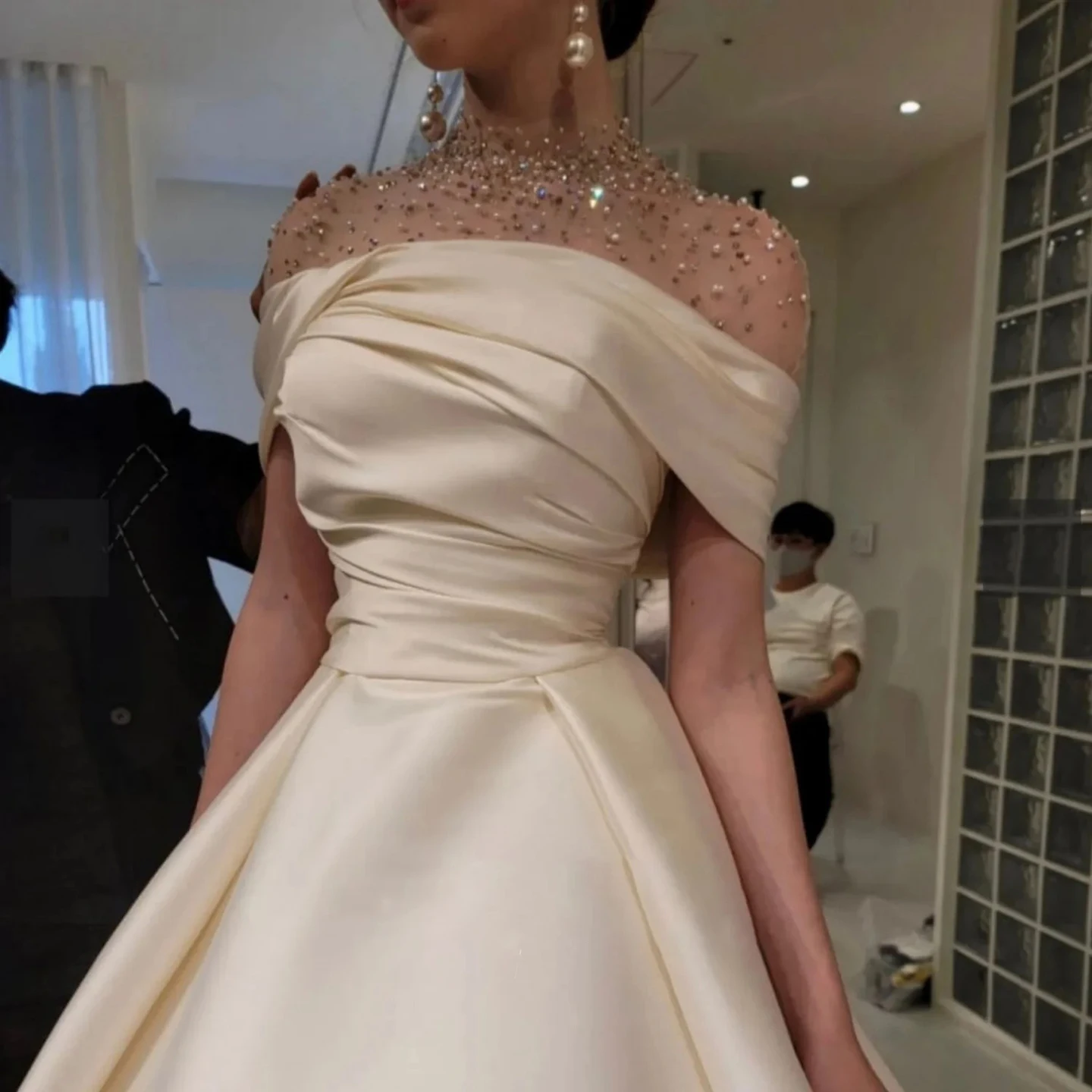 

Women's Prom Dresses Champagne Satin With Off Shoulder Neckline Beaded Illusion Collar And Pleated Bodice Wedding Dress