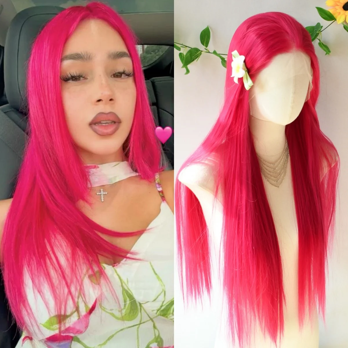 Rosa rosa wig13x4 hd osso reto peruca dianteira do laço sem cola peruca frontal do laço sintético de alta qualidade uso diário cosplay para wemon