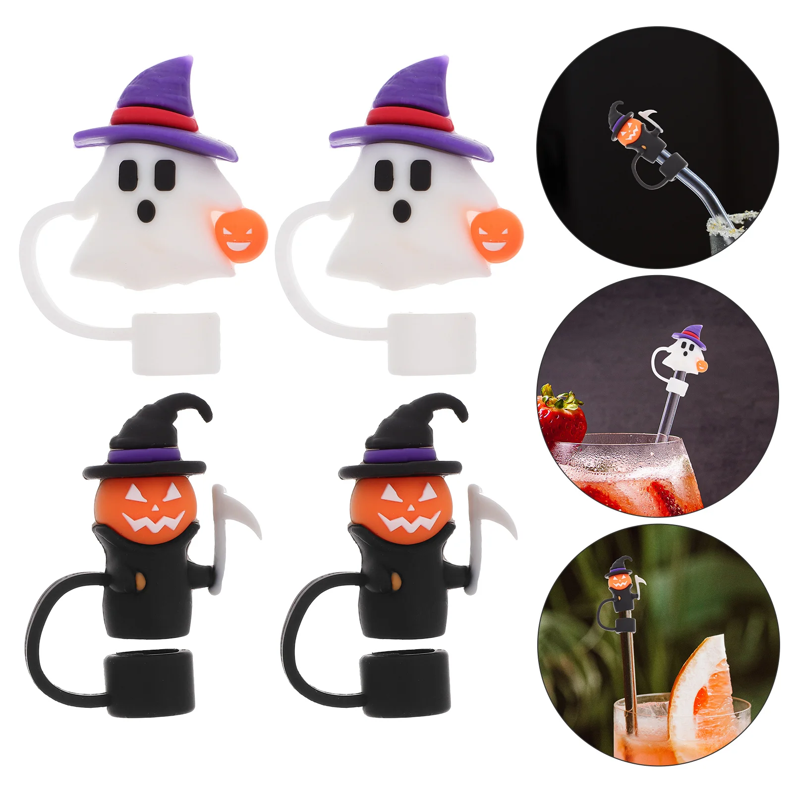 6pcs Cartoon Pumpkin Ghost Topper Silicone Straw Cover Water Cup Drink Dust Cap Straw Tip Skull Cover Halloween Cup Accessory