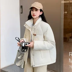 Winter New Fashion Horn Button Casual Loose Solid Color Stand Collar Thick Warm Zipper Cotton-padded Clothes, Women Down Jacket