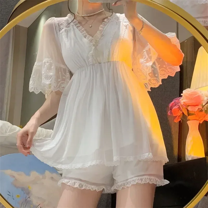 Nightdress Female Summer Bath Lace Retro Princess Nightwear Loose Palace Robe Home White Dress Long Sleepwear Style Nightgown