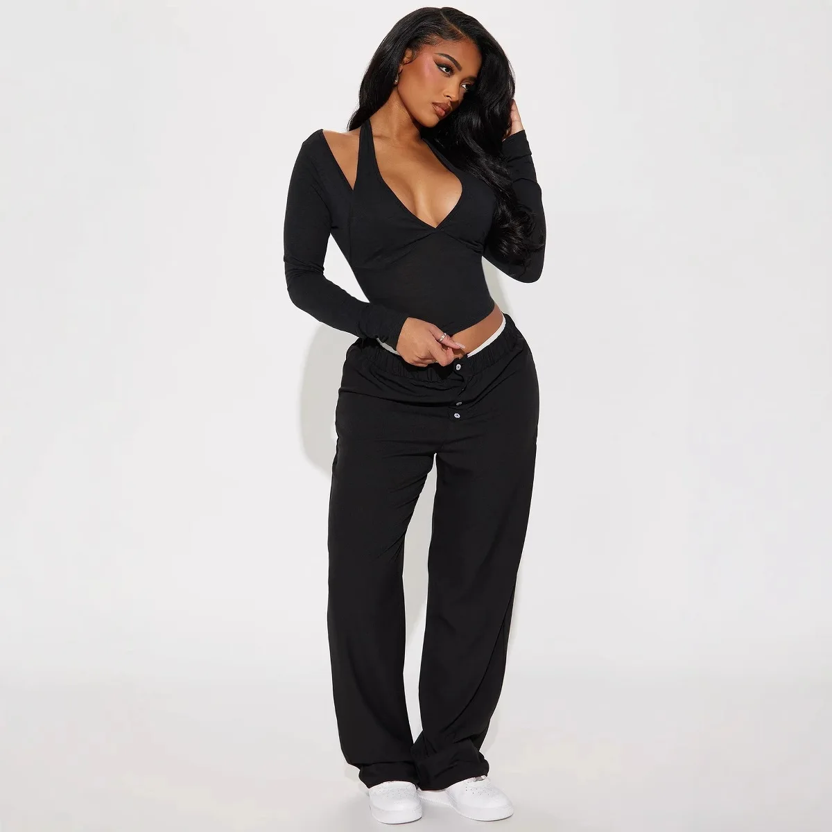 Cross border feminine off shoulder low-cut V-neck fake two-piece top slim fit long sleeved spicy girl hollowed out T-shirt