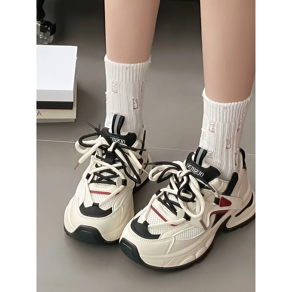 Mixed Colors Women's Shoes 2024 Spring New Mesh Breathable Retro Women Casual Shoes Thick Sole Heels Casual Sports Shoes 24-218