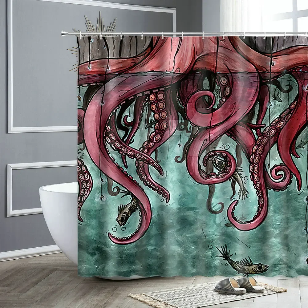 Funny Animals Shower Curtain Personality Octopus Print Bathroom Curtains Waterproof Fabric Home Decor Bathtub Screens with Hooks