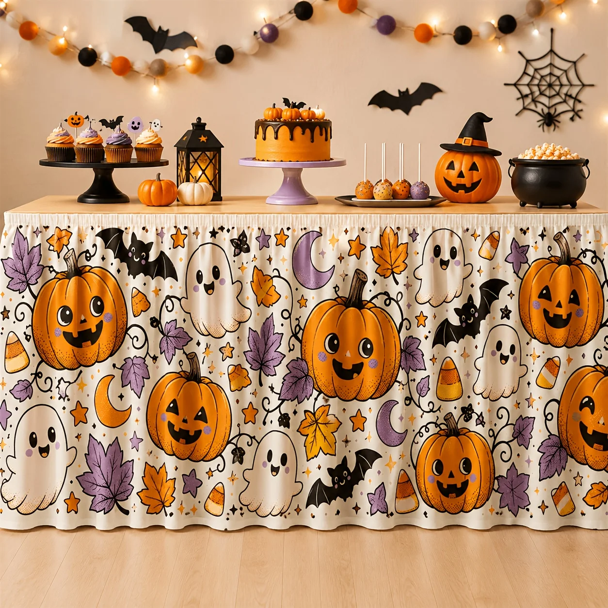 One tablecloth or table skirt. Cute Halloween table skirt. Happy little sidekick. Soul lamp. Ghost. Bat. Sweet corn.zyc