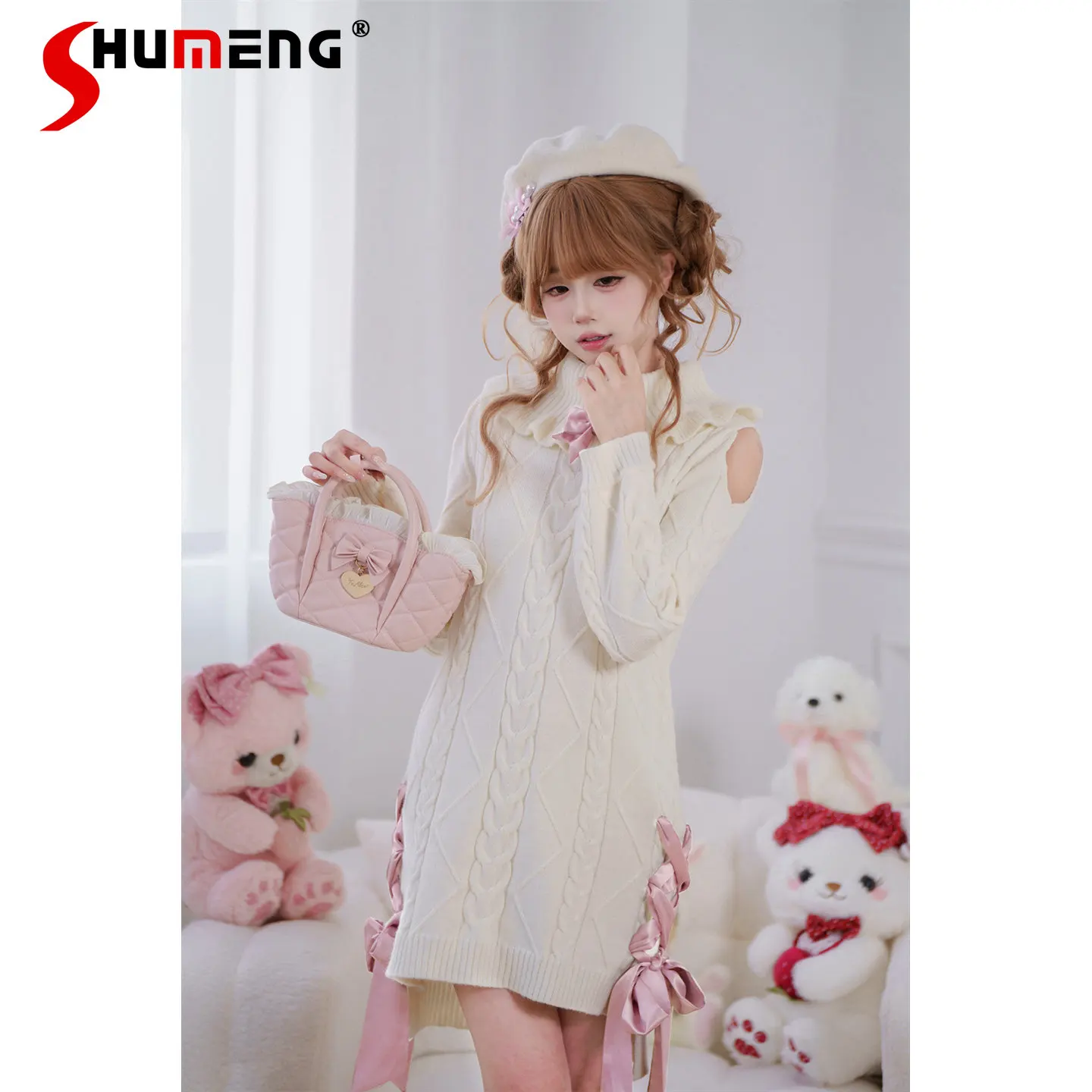 

Japanese Style Elegant Sweet High Neck Bow Off-Shoulder Lace-up Long Sleeve Versatile Knitted Short Dress for Women Spring 2026