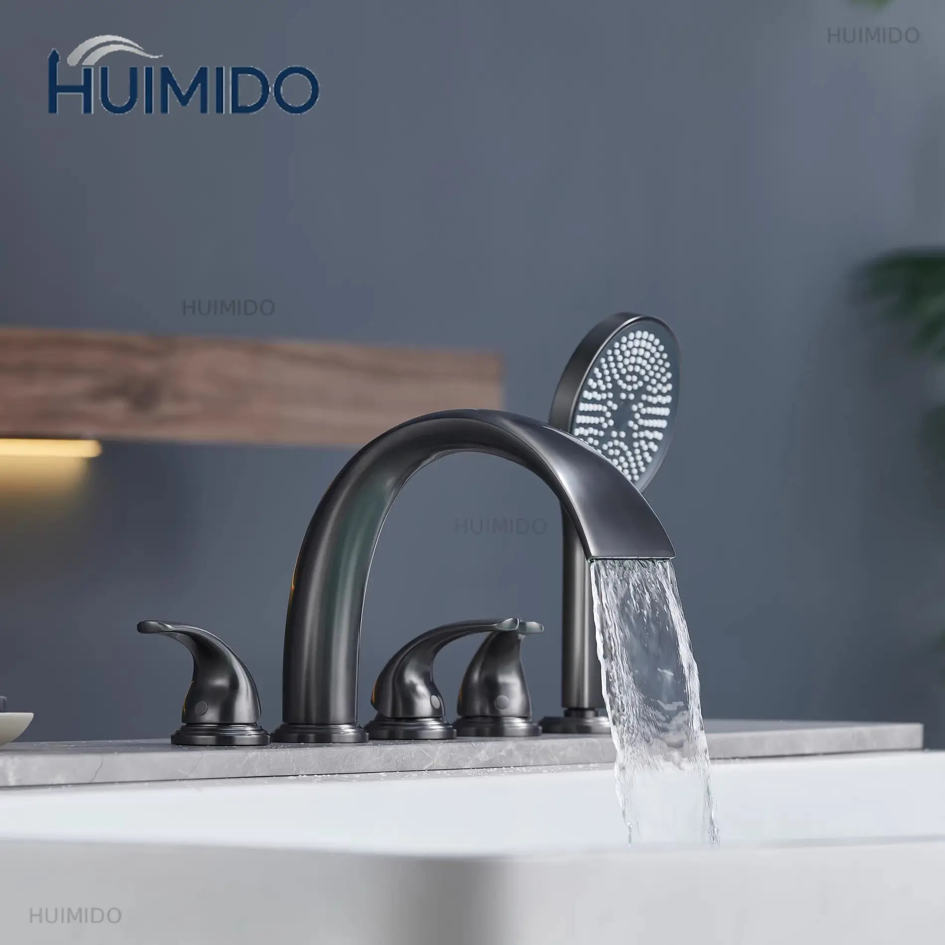 Full copper rose gold five-hole bathtub faucet hot and cold water split tank side large flow waterfall