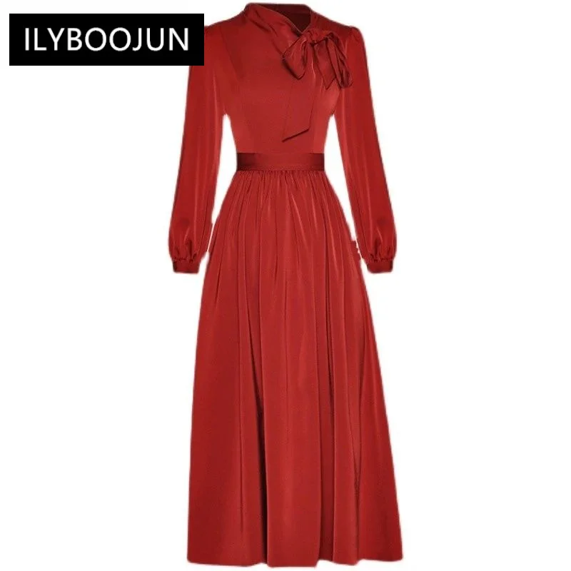 

Dresses For Women 2023 Luxury Brand High Quality Navy Collar Lantern Sleeve Frenulum The Waist Thin Grace Casual Wine Red Dress