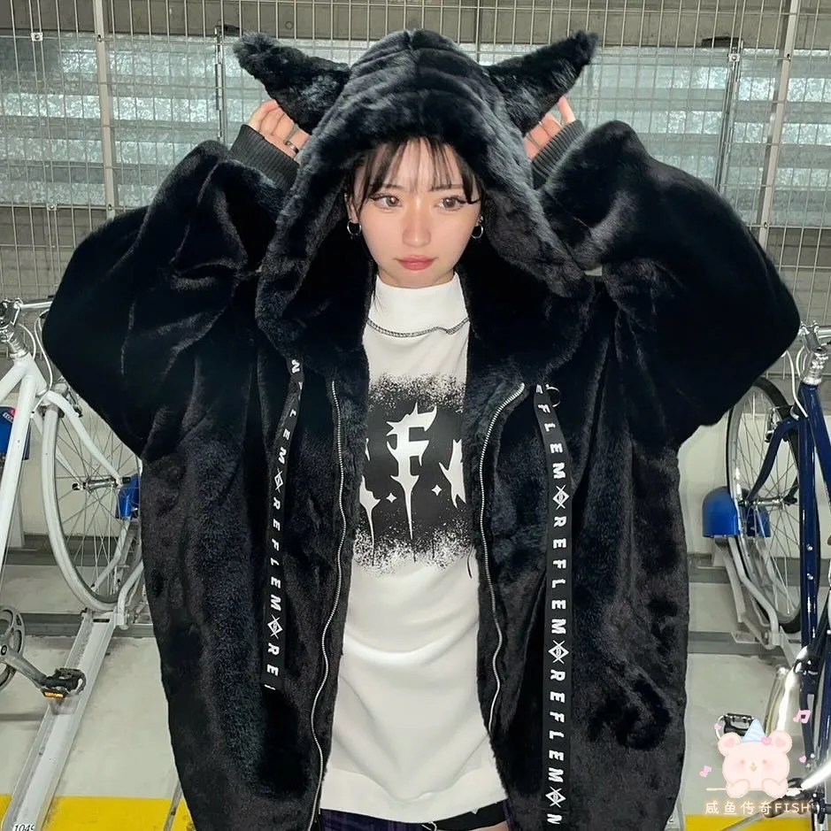 Japanese Mines Style Subculture Removable Tail Zipper Off Shoulder Loose Thick Plush Warm Hoodies Sweashirts Women Winter Jacket