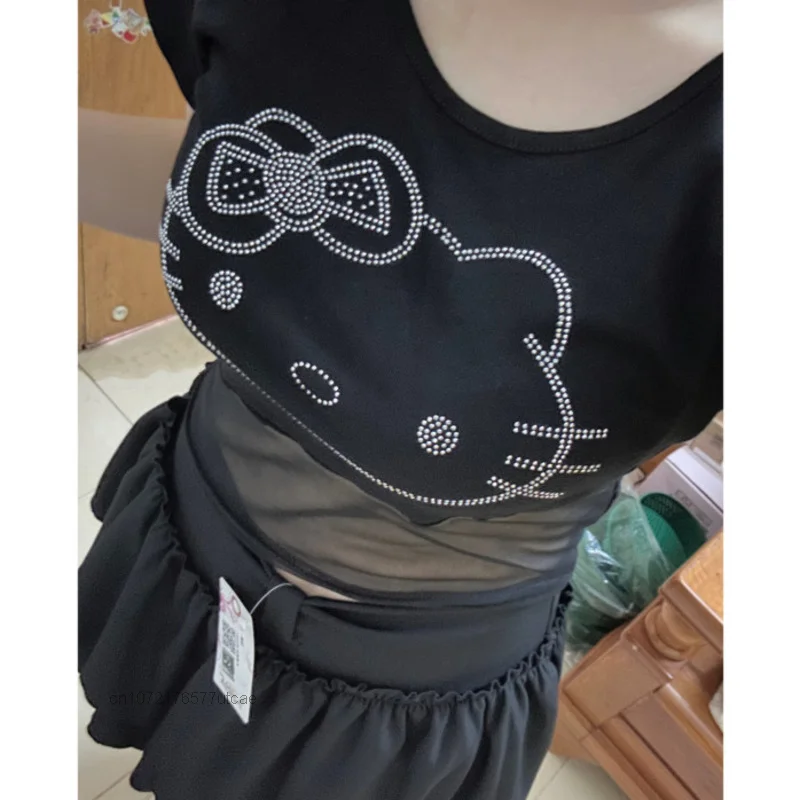 Sanrio Hello Kitty Hot Diamond Mesh Perspectiva Tops Curtos com Saias para as Mulheres, Umbigo Short Bottom T-shirt, 2 Pcs Sets