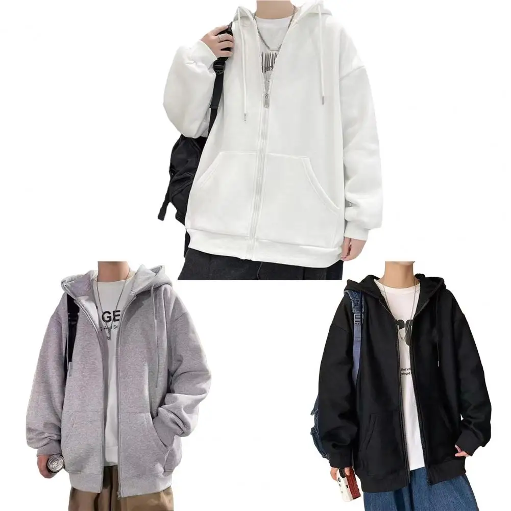 Fall Spring Men Coat Men\'s Fall Winter Hoodie Cardigan with Drawstring Patch Pocket Zip-up Closure Mid Length Coat with Elastic