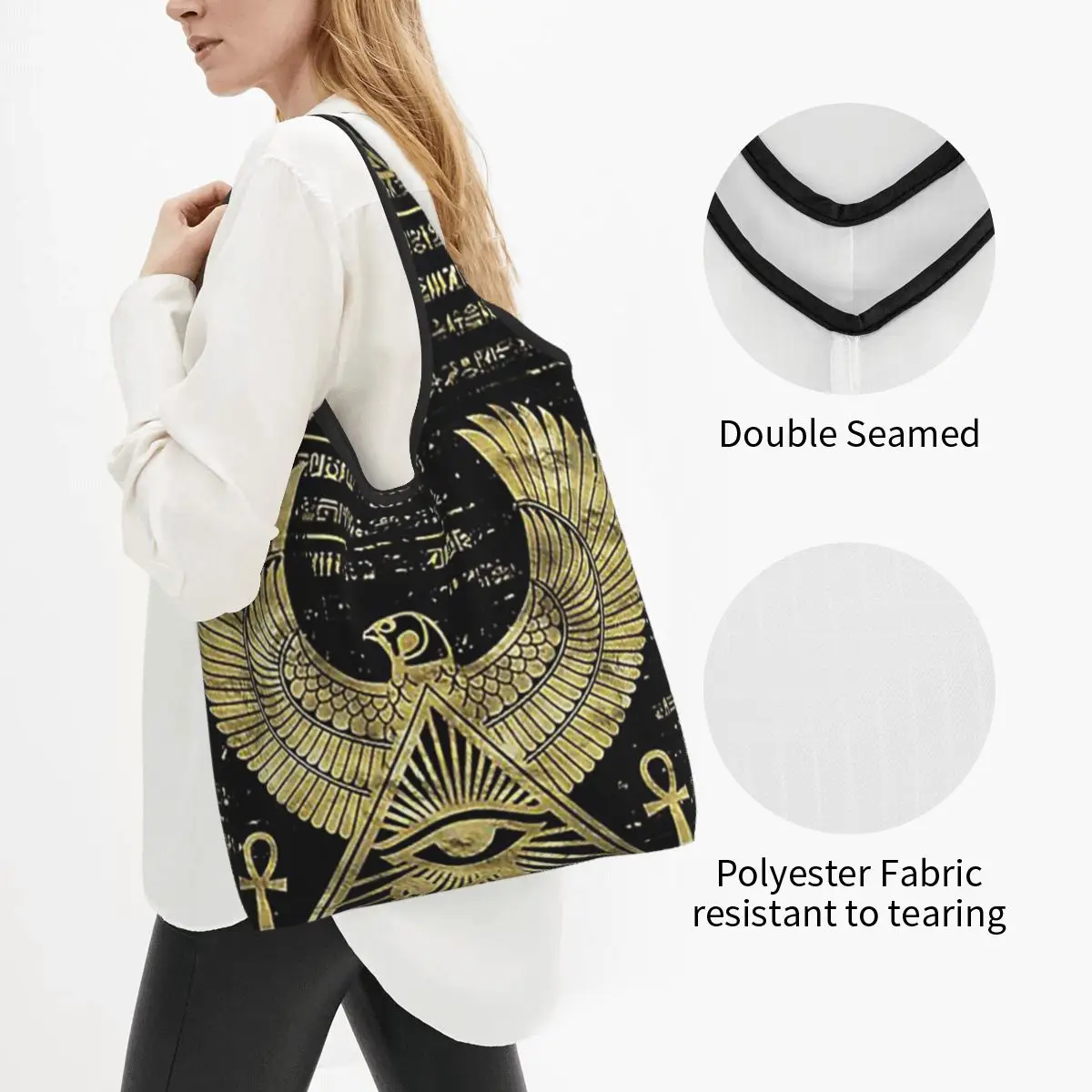 Egyptian Eye Of Horus Wadjet Gold And Black Portable Tote Shopping Bags Reusable Shopper Bag Groceries Handbag Shoulder Bag