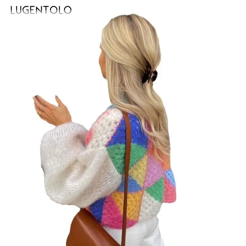 Women Casual Sweater 2024 New Y2k Fashion Colorful Contrasting Mohair Knit Tops Chic Loose Lantern Sleeve Elegant Daily Cardigan