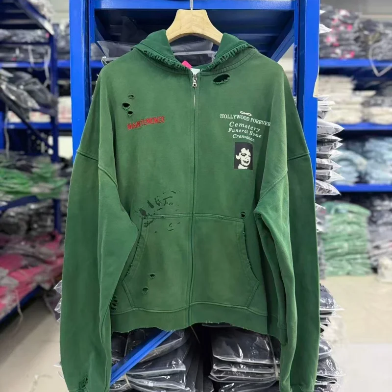 Y2K Forest Green Oversized Zip Hoodie Destroyed Hole Vintage Back Print Autumn Street Jacket
