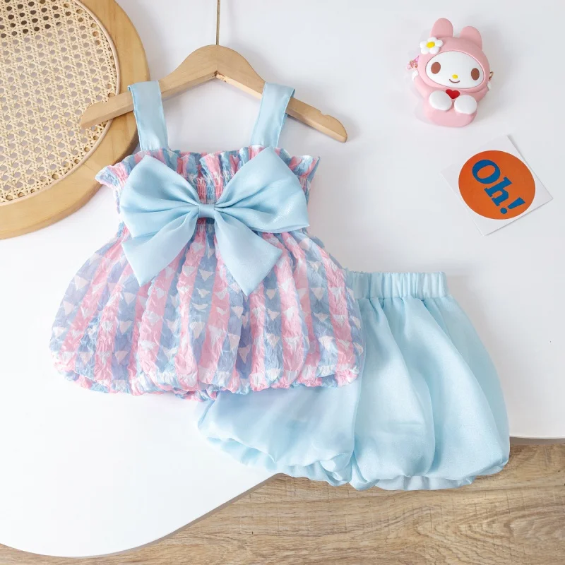 

Infant Big Bow Summer Suit Western Style Popular Two-Piece Sling+Bloomers Suit Summer New-KXKM