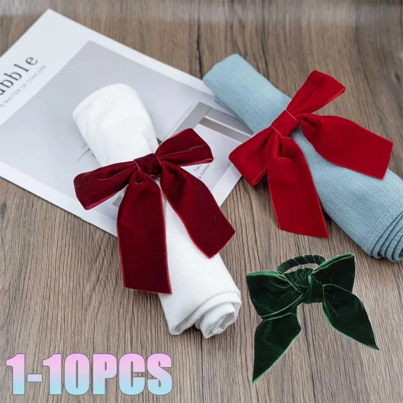 1-10PCS Classic Velvet Christmas Bow Napkin Holders Red Green Elegant Table Decor for Holiday Dinner Party Wedding Celebration
