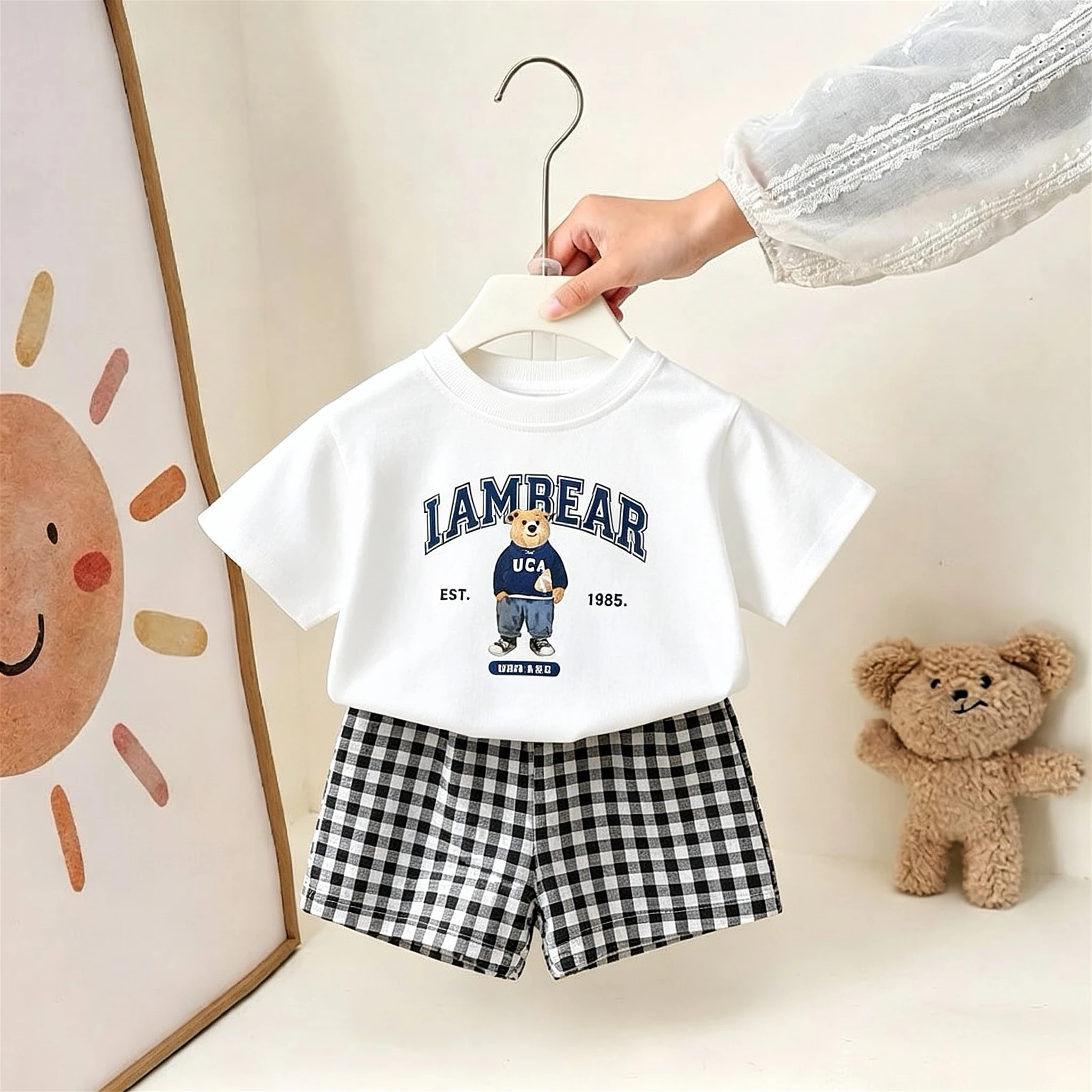 2pc/set For Boy Clothes Cartoon T-shirt + Plaid Shorts Summer Fashion Casual Short Sleeved Suit Kids Casual Tracksuits 1-6 Age