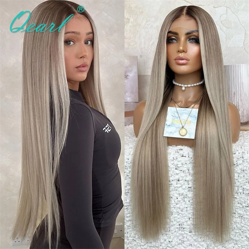 

Silky Straight Full Lace Wigs 100% Real Human Hair Wig Lace Frontal Wig 13x4 HD Transparent Ashy Grey Blonde Glueless Wig Qearl