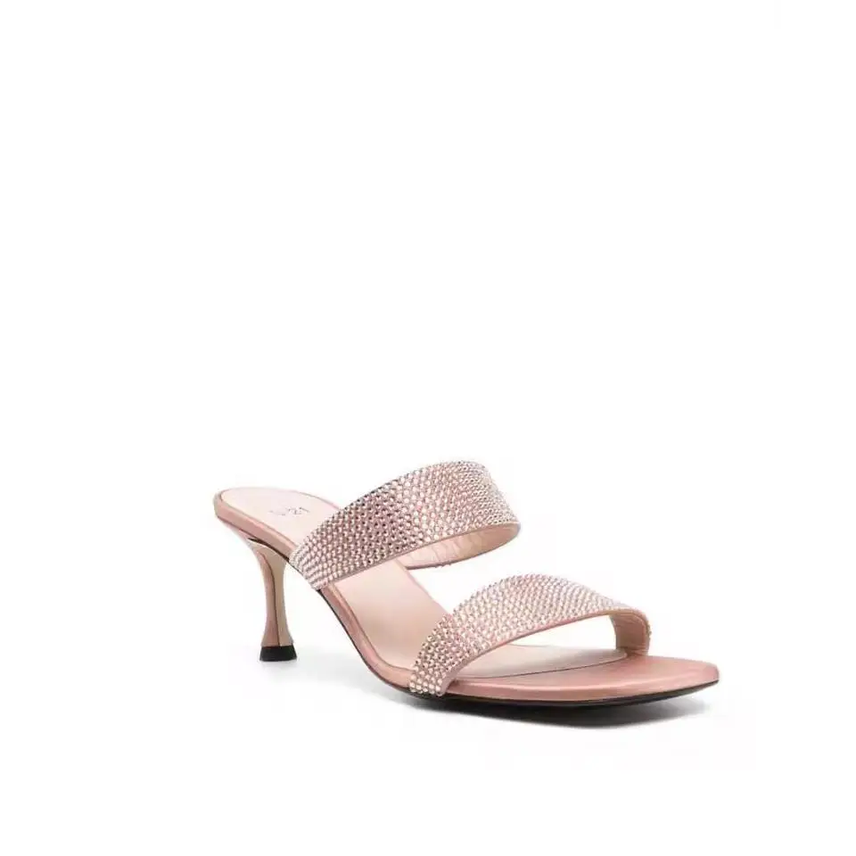 Bling Crystal Round Toe Summer Women Slippers Stiletto High Heels Slip On Design Large Size Fashion Show Shoes