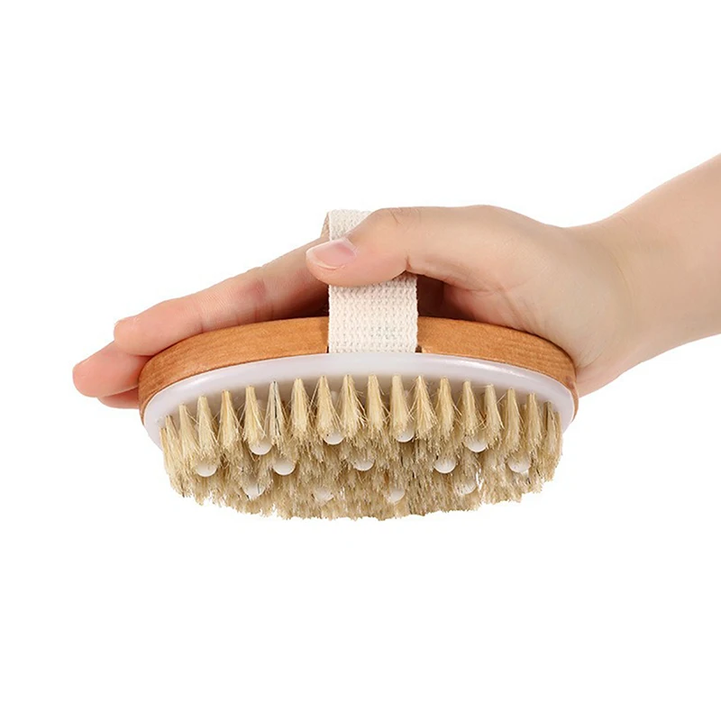 

1 шт., отшелушивающая деревянная щетка для массажа тела, щетка для душа с натуральной щетиной, мягкая спа-щетка для женщин и мужчин, уход за кожей, влажная и сухая щетка для тела