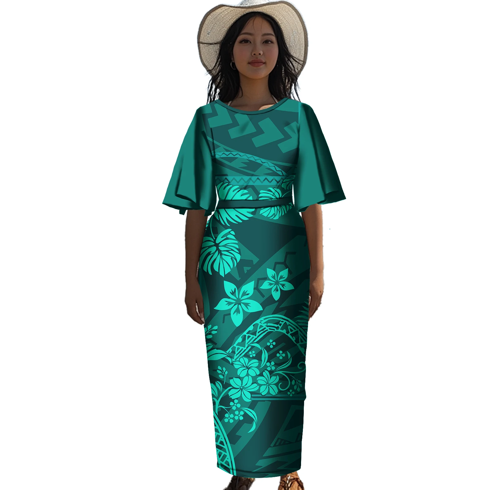 

Women Party Polynesian Fashion Puletasi Samoa Plus Size Print Summer Beach Dress