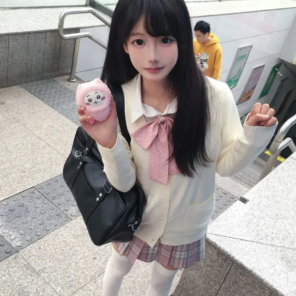 

Original Pure Color Open Cardigan Sweater Versatile Cherry Plaid School Style Top And Skirt Set for Young Women Fashionable S...