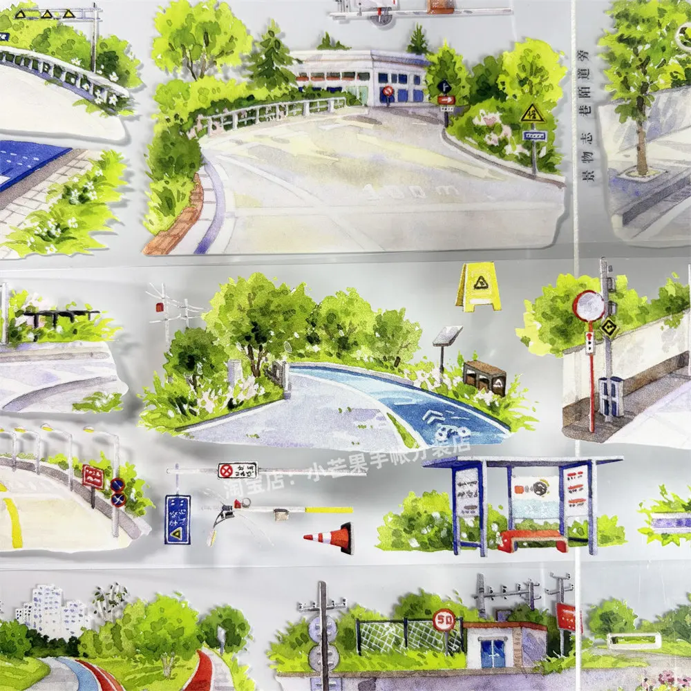 Street Side Road Bus Stop Traffic Light PET Washi Tape Stickers Scrapbooking Journal Decoration DIY Craft Supplies