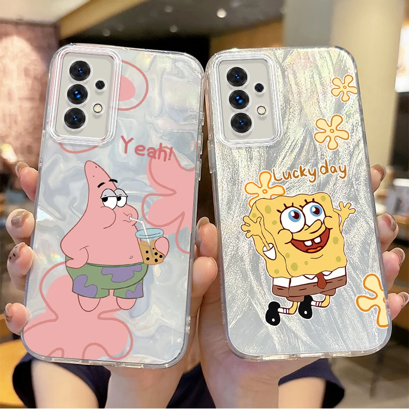 Fun S-SpongeBob S-SquarePants Phone Case for Samsung Galaxy S24 S23 S22 S21 Plus Ultra A73 A72 A71 A55 A54 Hard Shockproof Cover