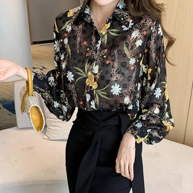 Elegant Fashion Lantern Sleeve Printing Button Women\'s Shirt 2024 Spring Summer Ladies Vintage Casual Turn-down Collar Blouses