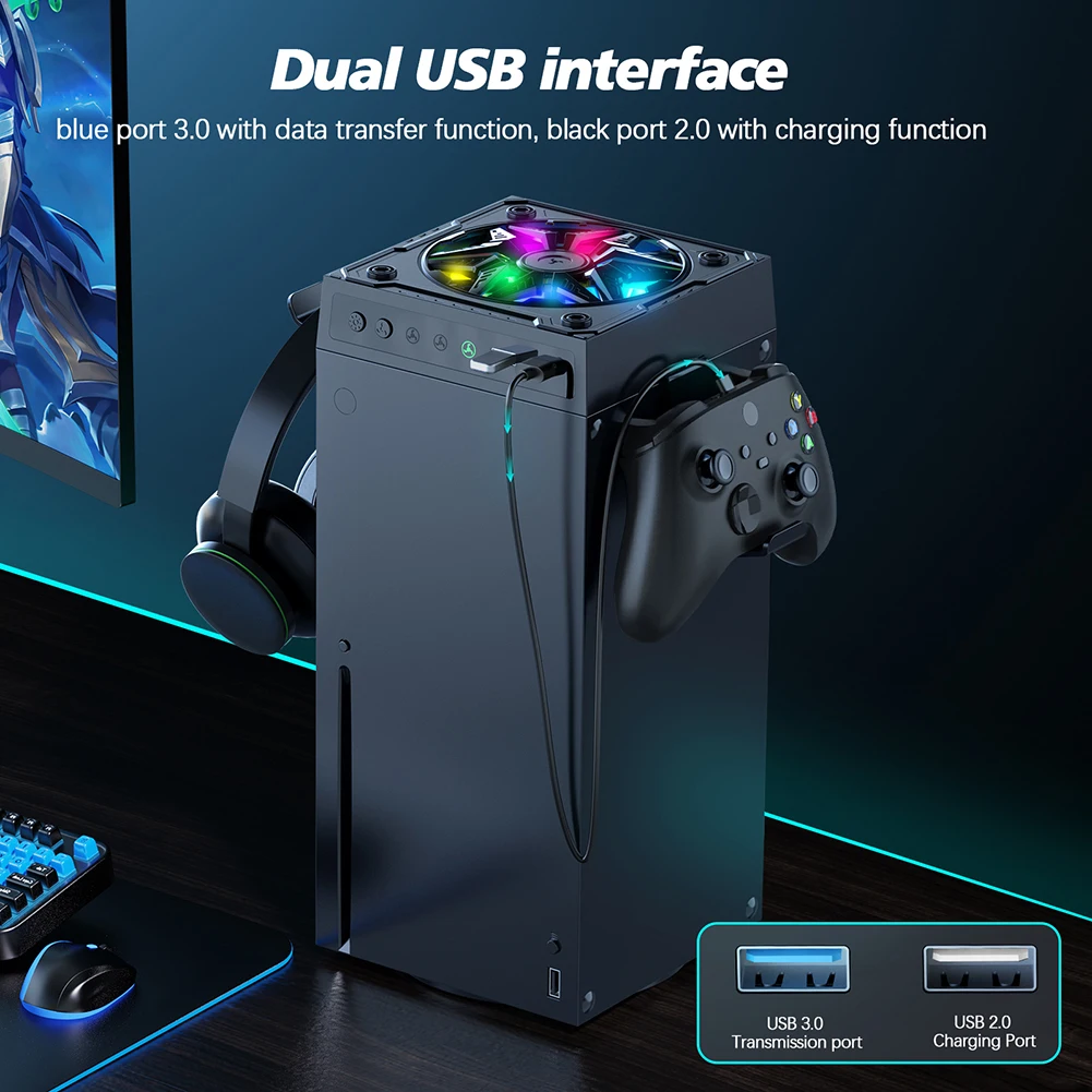 สําหรับคอนโซล Xbox Series X Low Noise Top พัดลม RGB Light พัดลมระบายความร้อนอัตโนมัติ 2 พอร์ต USB ระบบระบายความร้อน 3 ความเร็วสําหรับเกมผู้เล่น