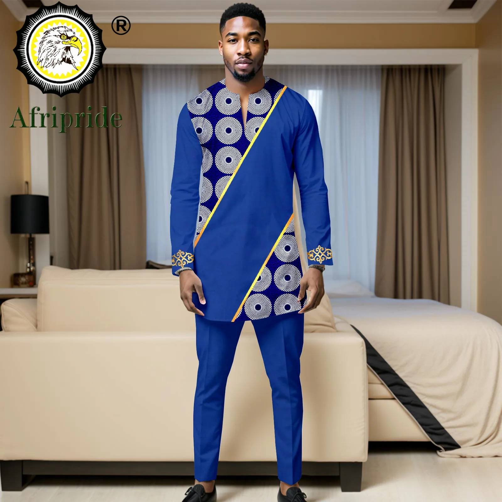 Dashiki Men African Clothes V-neck Embroidery Print Shirts and Pants 2 Piece Set Tribal Outfits Traditional Wear 2416024