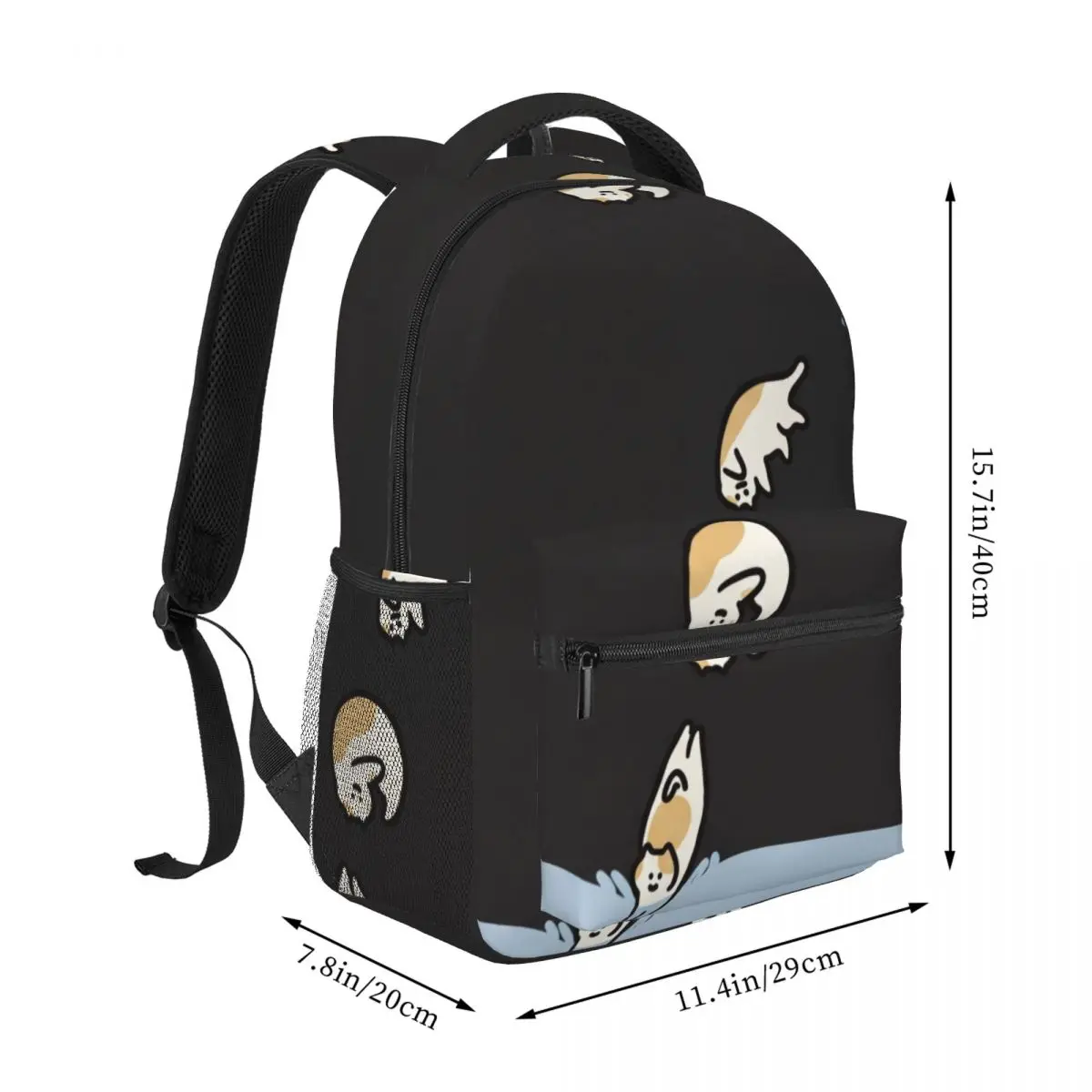 Dark Punk Printed Backpack Vertical Diving Cat Whimsical Illustration Black Blue White Cool Bookbag for Girls Boys College Women
