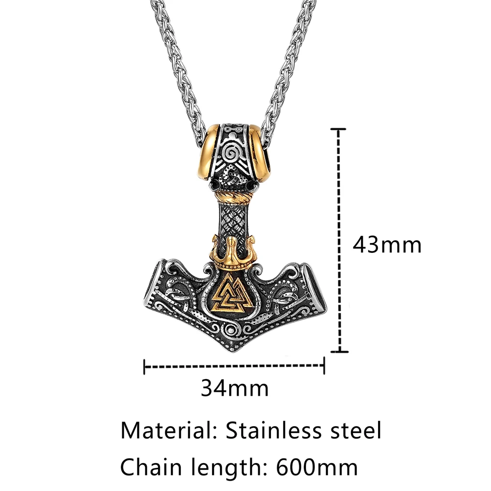 Vikings Crown Thor\'s Hammer Necklaces Men Stainless Steel Norse Mythology Runes Valknut Pendant Amulet Scandinavian Male Jewelry