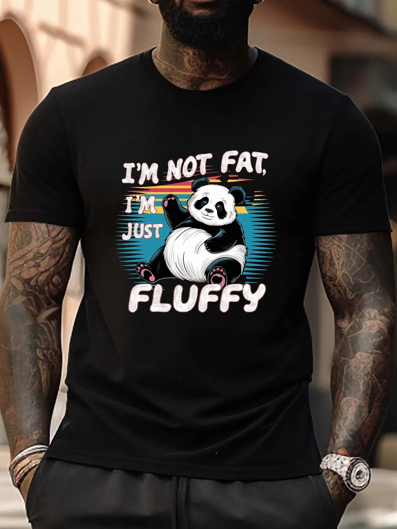 Panda Fluffy Pattern Print Men's Round Neck Short-Sleeved Plus Size T-Shirt, Fashionable and Versatile T-Shirt, Suitable for Everyday Wear