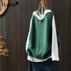 Women Retro Hollow Jacquard Outewear Knitted Sweater Vest Female Casual Solid O Neck Loose Sleeveless Pullover Waistcoat Jumpers