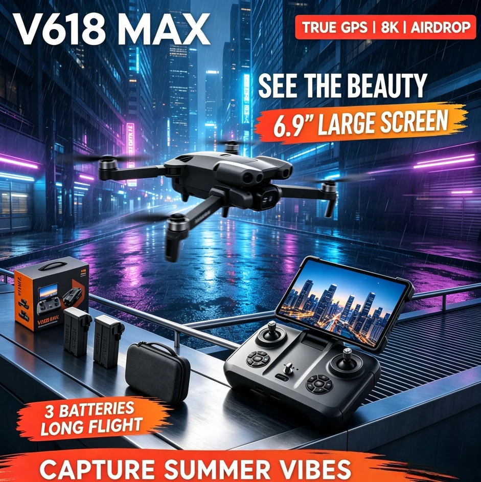 Brand+OriginalV618 MAX GPS Foldable Drone 6.9‑Inch Screen Remote 4K UHD Dual Camera 5G FPV Brushless Motor Airdrop RC Quadcopter