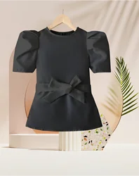 Super look chic unique bow top black short-sleeved shirt girls summer