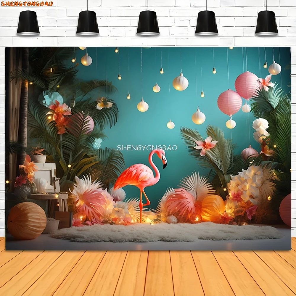 Tropical Beach Palm Leaf Garland Seashells Photography Backdrops Props Happy Birthday Party Decoration Flamingo Background ZL-01