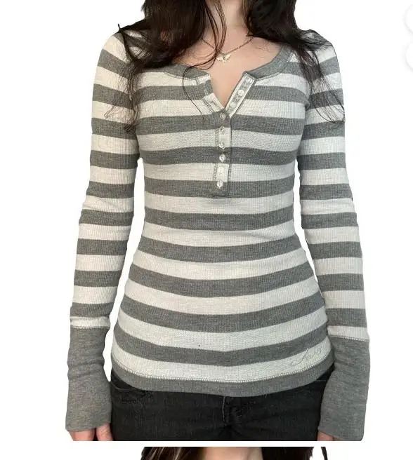 قمصان نسائية مطبوعة بخطوط وأكمام طويلة ورقبة على شكل حرف V وقمصان هينلي بقصة ضيقة وبلوزات الجرونج الخيالية