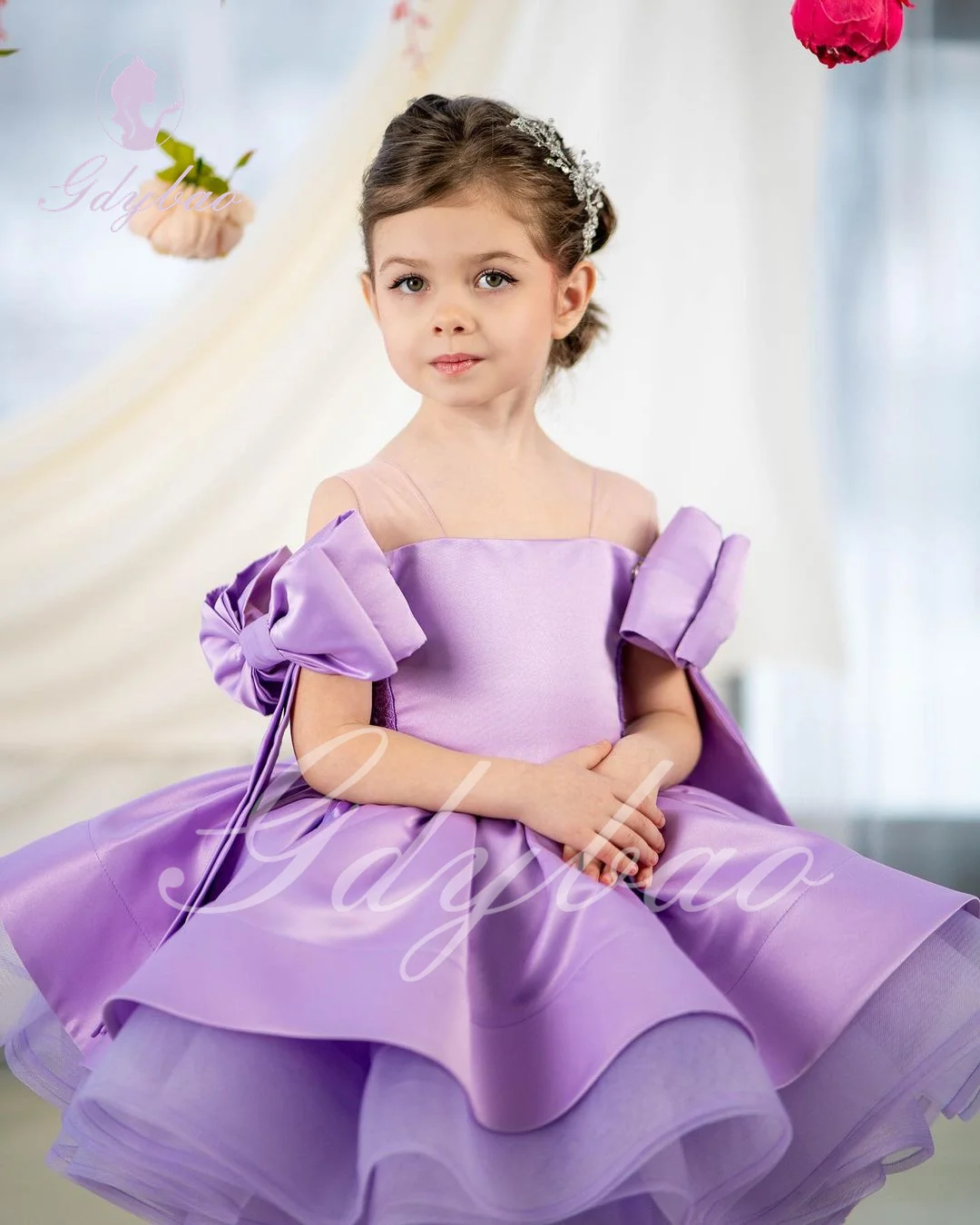 Vestido morado de flores para niña, para boda, satén hinchado, sin mangas, con lazo, princesa, elegante, fiesta infantil, vestido de baile de primera comunión